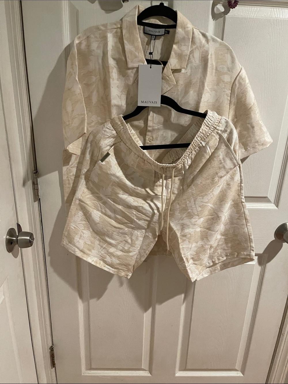 Mauvais Cream Short-Sleeve Button-Down Shirt & Drawstring Shorts Set